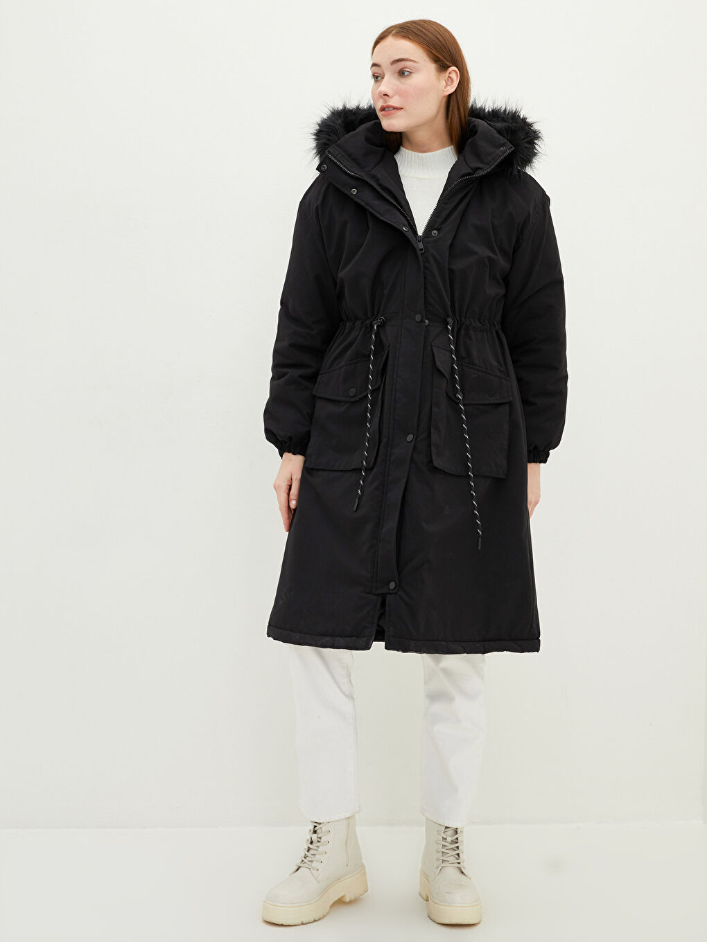 Fur Detail Hooded Straight Long Sleeve Thick Women's Parka-1