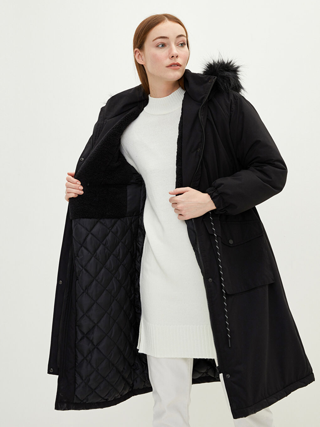 Fur Detail Hooded Straight Long Sleeve Thick Women's Parka-2