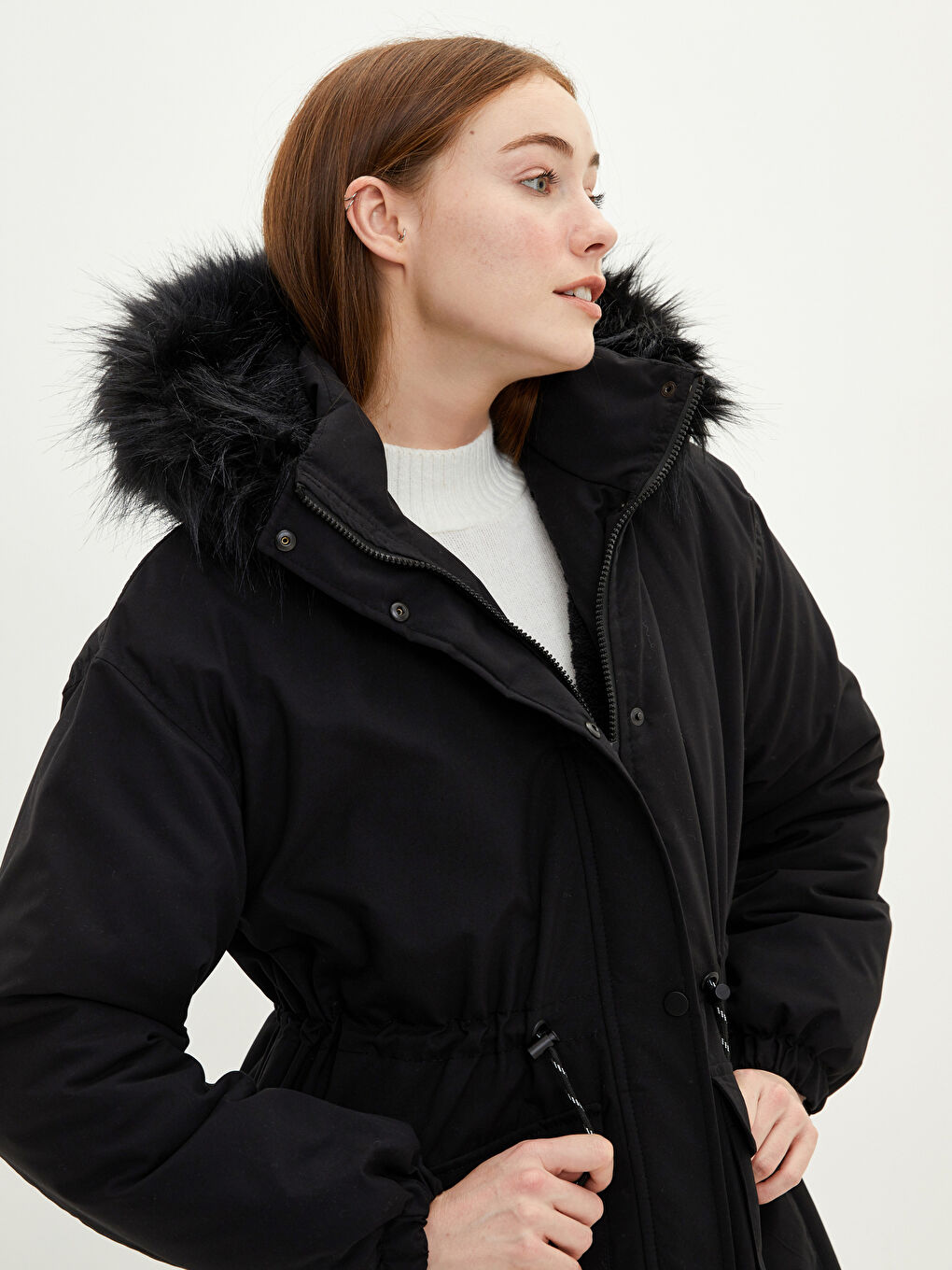 Fur Detail Hooded Straight Long Sleeve Thick Women's Parka-4