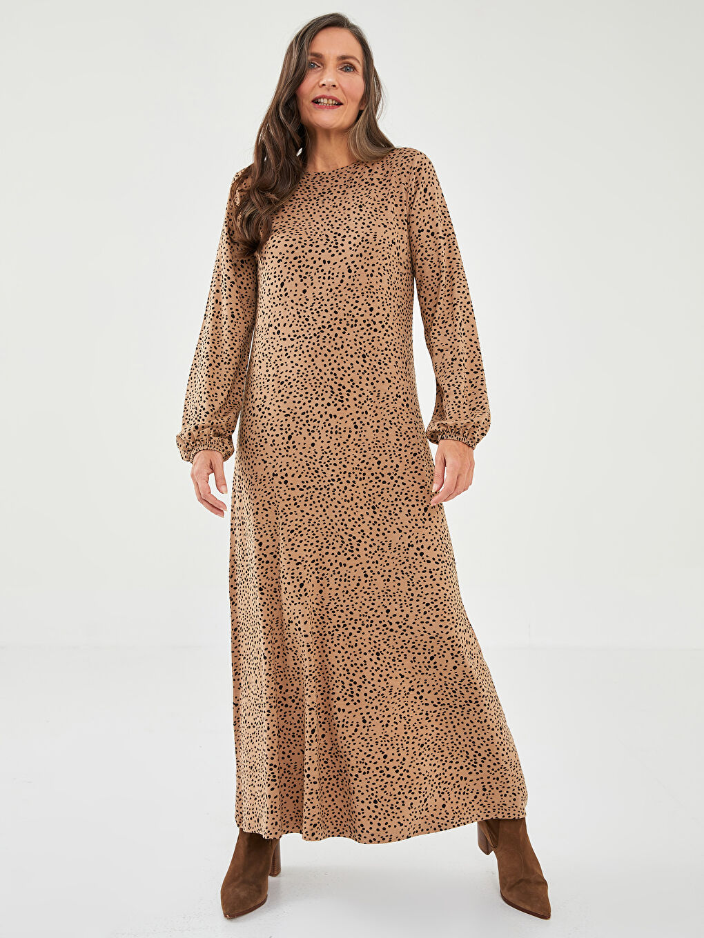 Crew Neck Patterned Long Sleeve A Cut Viscose Women's Dress