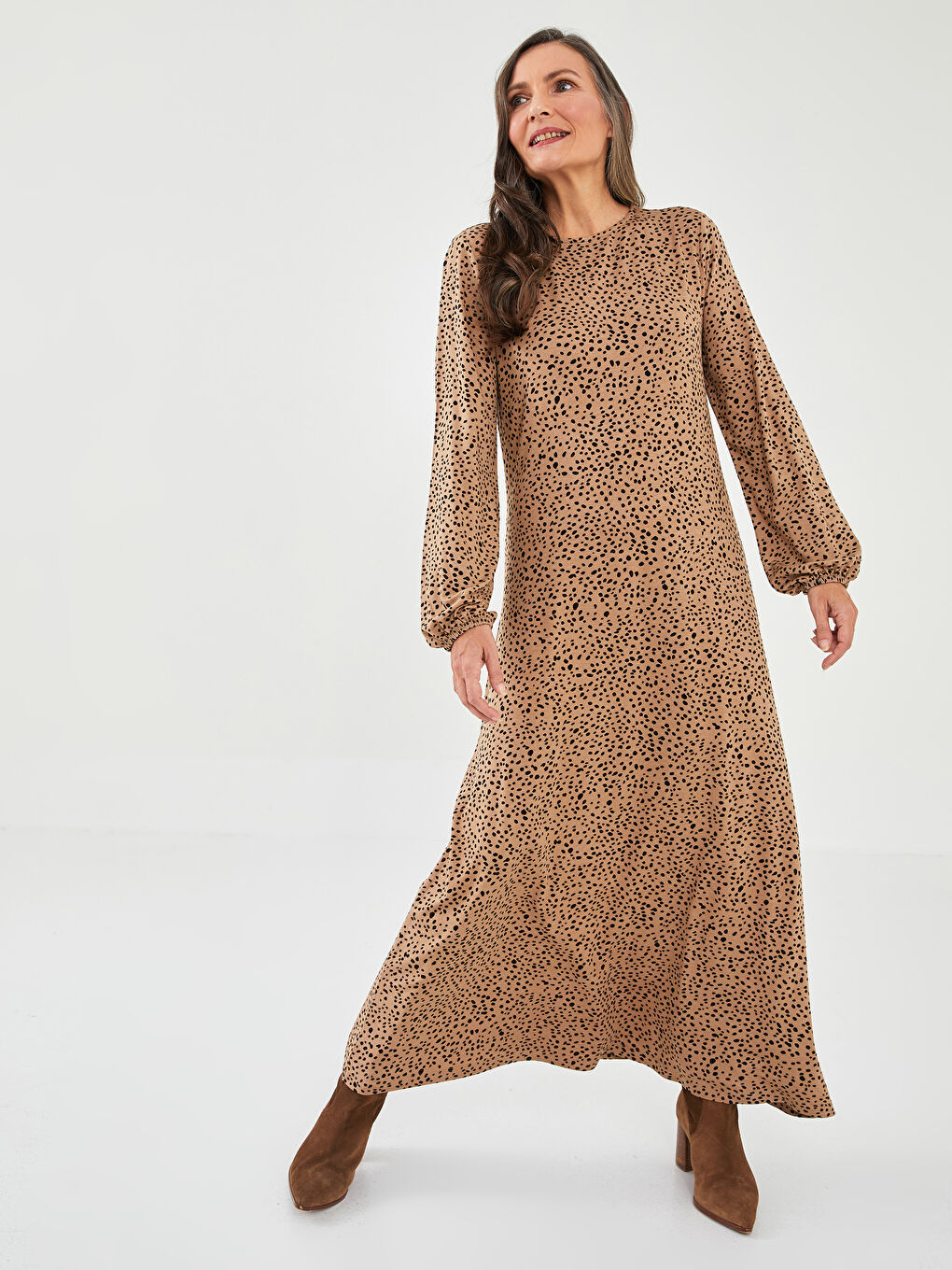 Crew Neck Patterned Long Sleeve A Cut Viscose Women's Dress-1