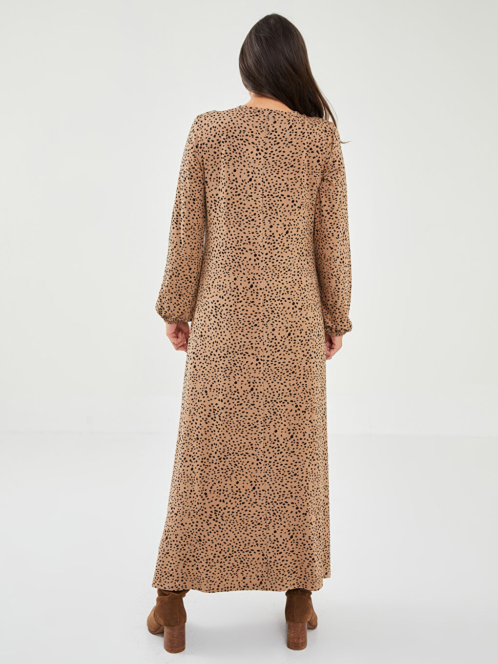 Crew Neck Patterned Long Sleeve A Cut Viscose Women's Dress-4