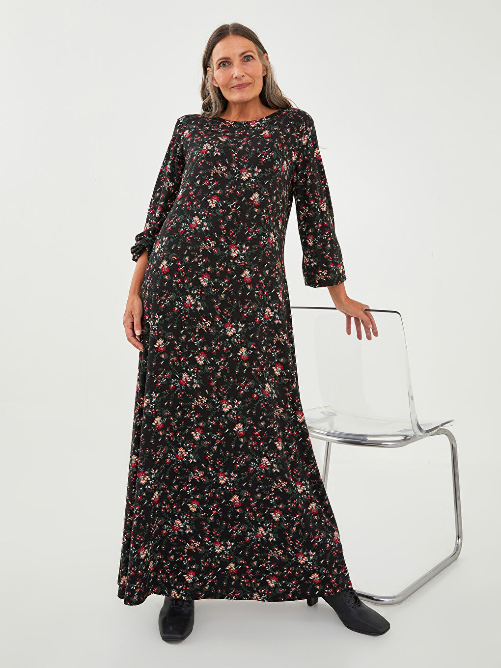 Rochie pentru Femei cu Guler Rotund Floral Mânecă Lungă Croiala A din Vâscoză-1