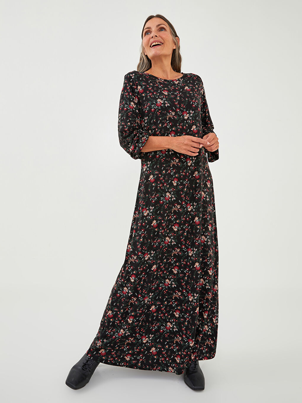 Rochie pentru Femei cu Guler Rotund Floral Mânecă Lungă Croiala A din Vâscoză-2