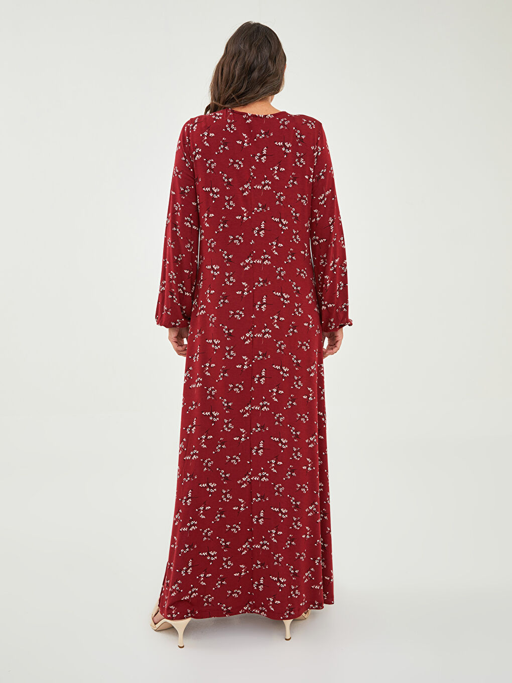 فستان نسائي برقبة دائرية زهري كم طويل بقصة A من الفسكوز-4