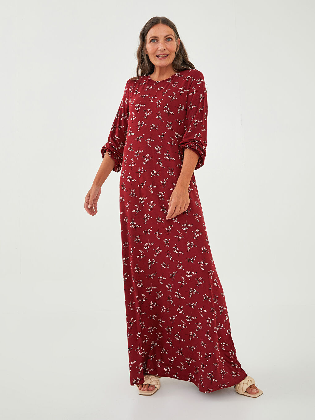 فستان نسائي برقبة دائرية زهري كم طويل بقصة A من الفسكوز-1