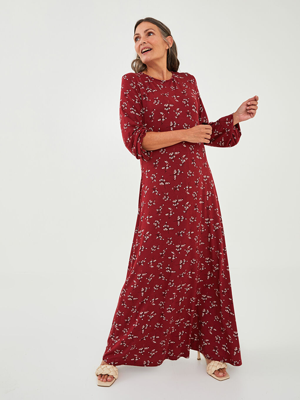 فستان نسائي برقبة دائرية زهري كم طويل بقصة A من الفسكوز-2