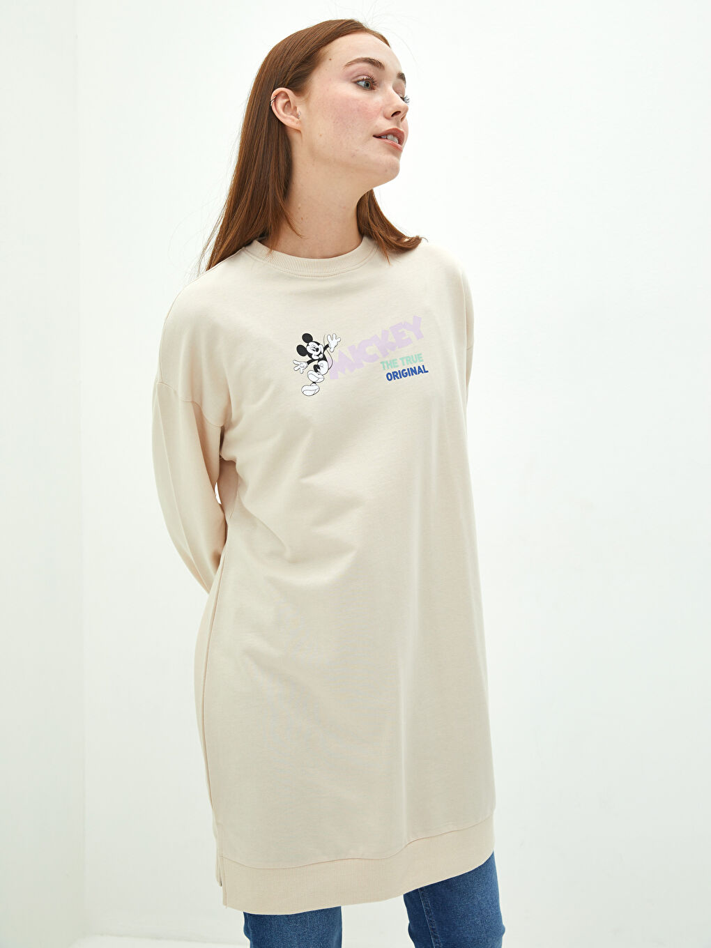 Crew Neck Mickey Mouse Printed Long Sleeve Cotton Tunic for Women-1