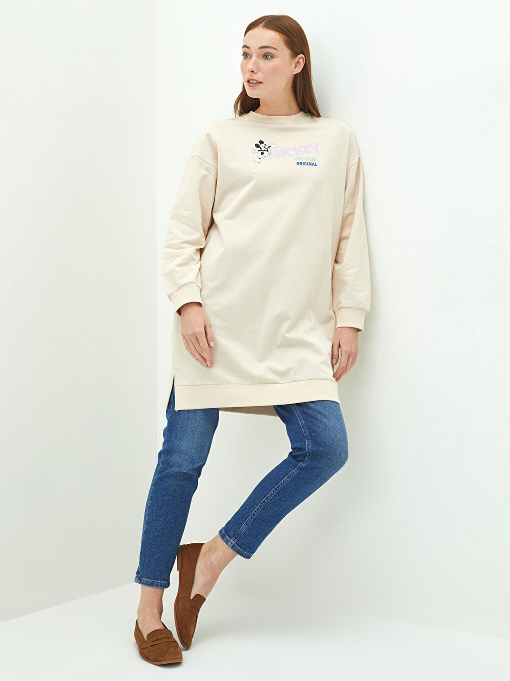 Crew Neck Mickey Mouse Printed Long Sleeve Cotton Tunic for Women-2
