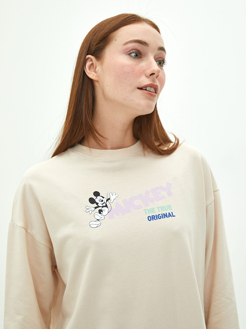 Crew Neck Mickey Mouse Printed Long Sleeve Cotton Tunic for Women-3