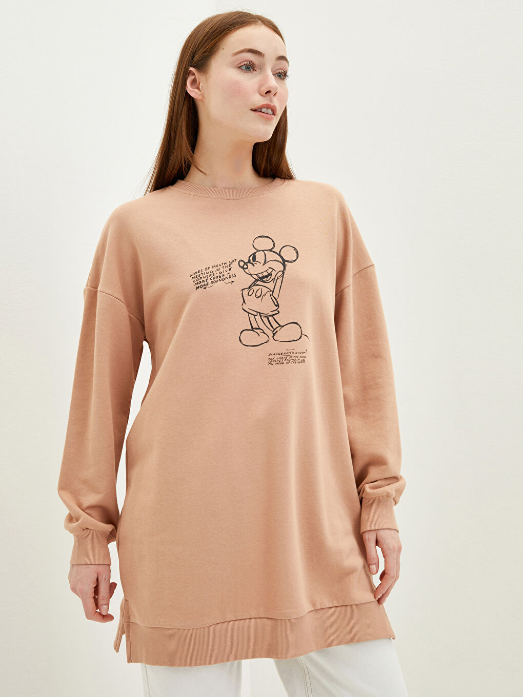 Pembe Bisiklet Yaka Mickey Mouse Baskılı Kadın Sweatshirt Tunik
