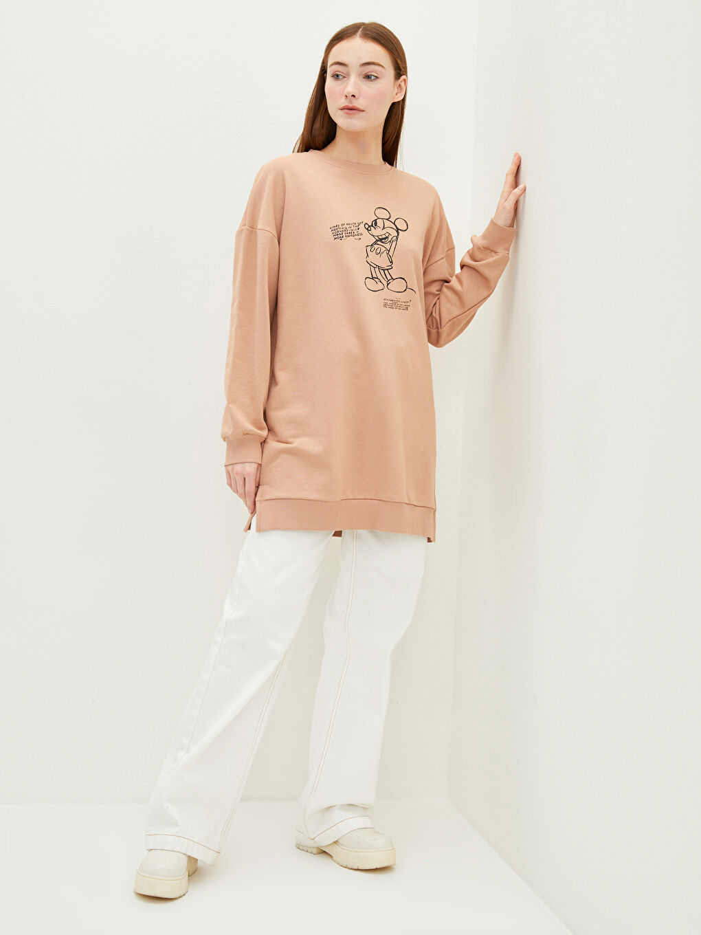 Pembe Bisiklet Yaka Mickey Mouse Baskılı Kadın Sweatshirt Tunik-1
