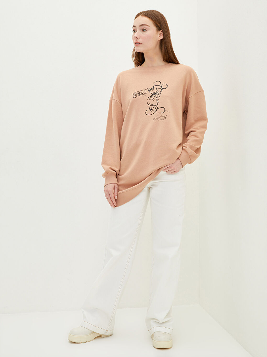 Pembe Bisiklet Yaka Mickey Mouse Baskılı Kadın Sweatshirt Tunik-2