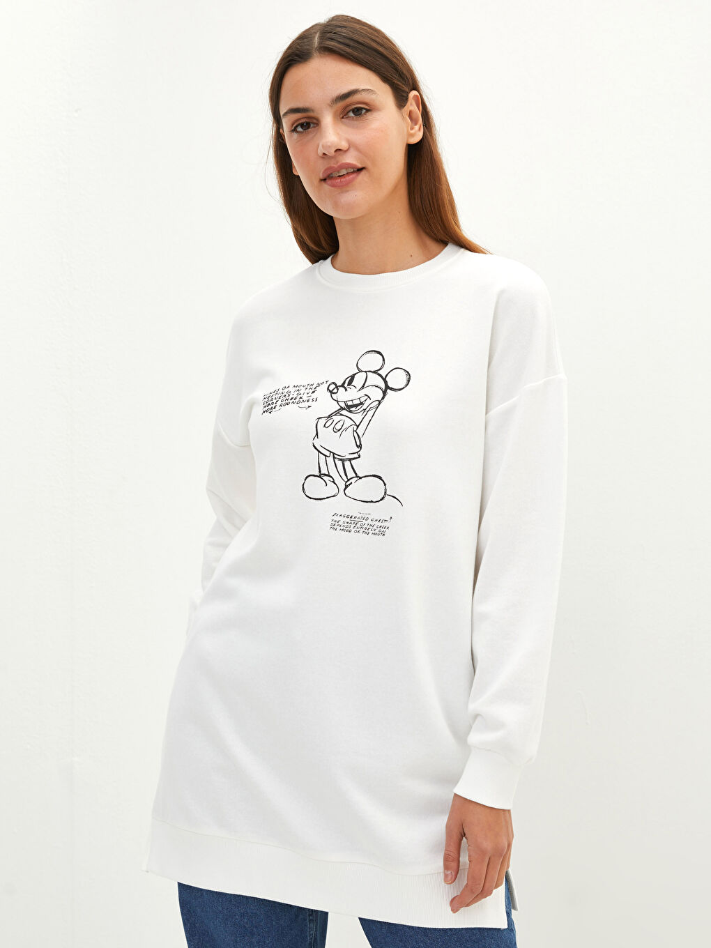 Ekru Bisiklet Yaka Mickey Mouse Baskılı Kadın Sweatshirt Tunik-1