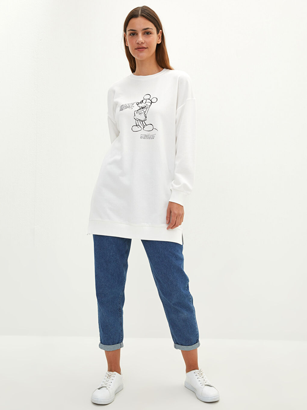 Ekru Bisiklet Yaka Mickey Mouse Baskılı Kadın Sweatshirt Tunik-2