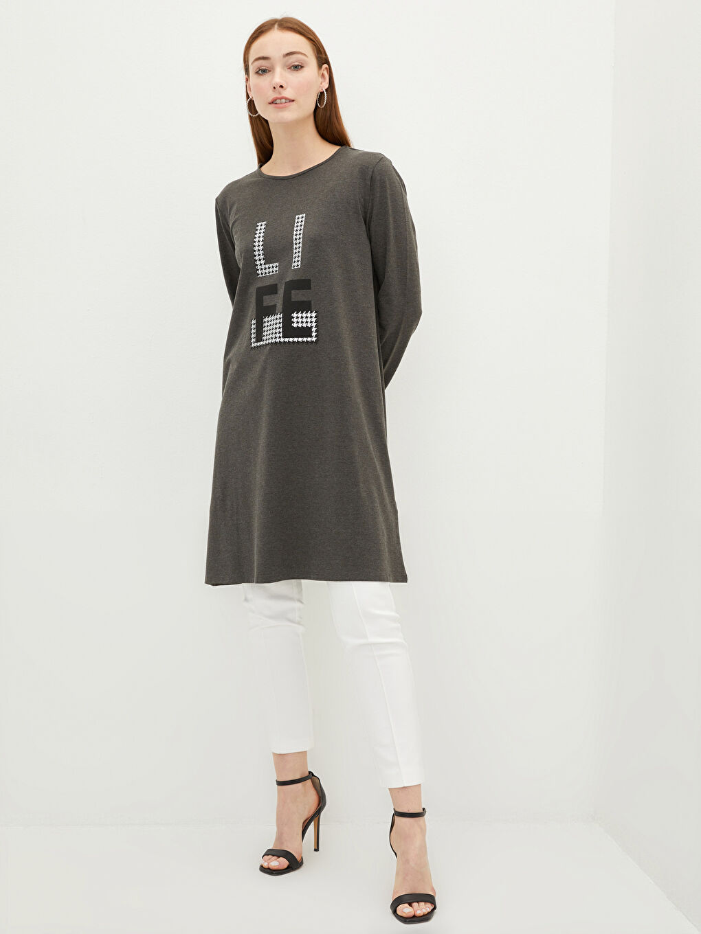 Crew Neck Printed Long Sleeve Women's Tunic-1