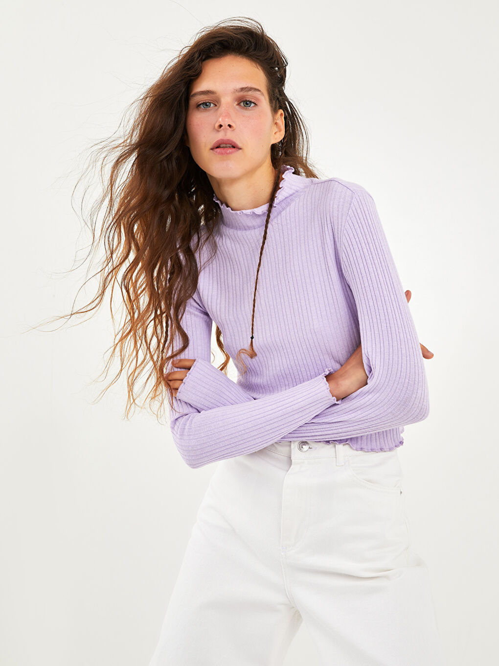 Stand Up Collar Plain Long Sleeve Camisole Fabric Women's Sweater