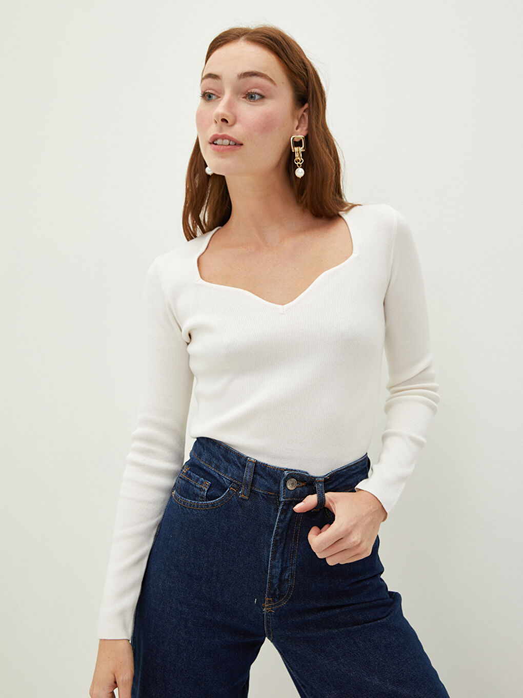 Pull-over à Encolure Carrée Manches Longues pour Femmes-1