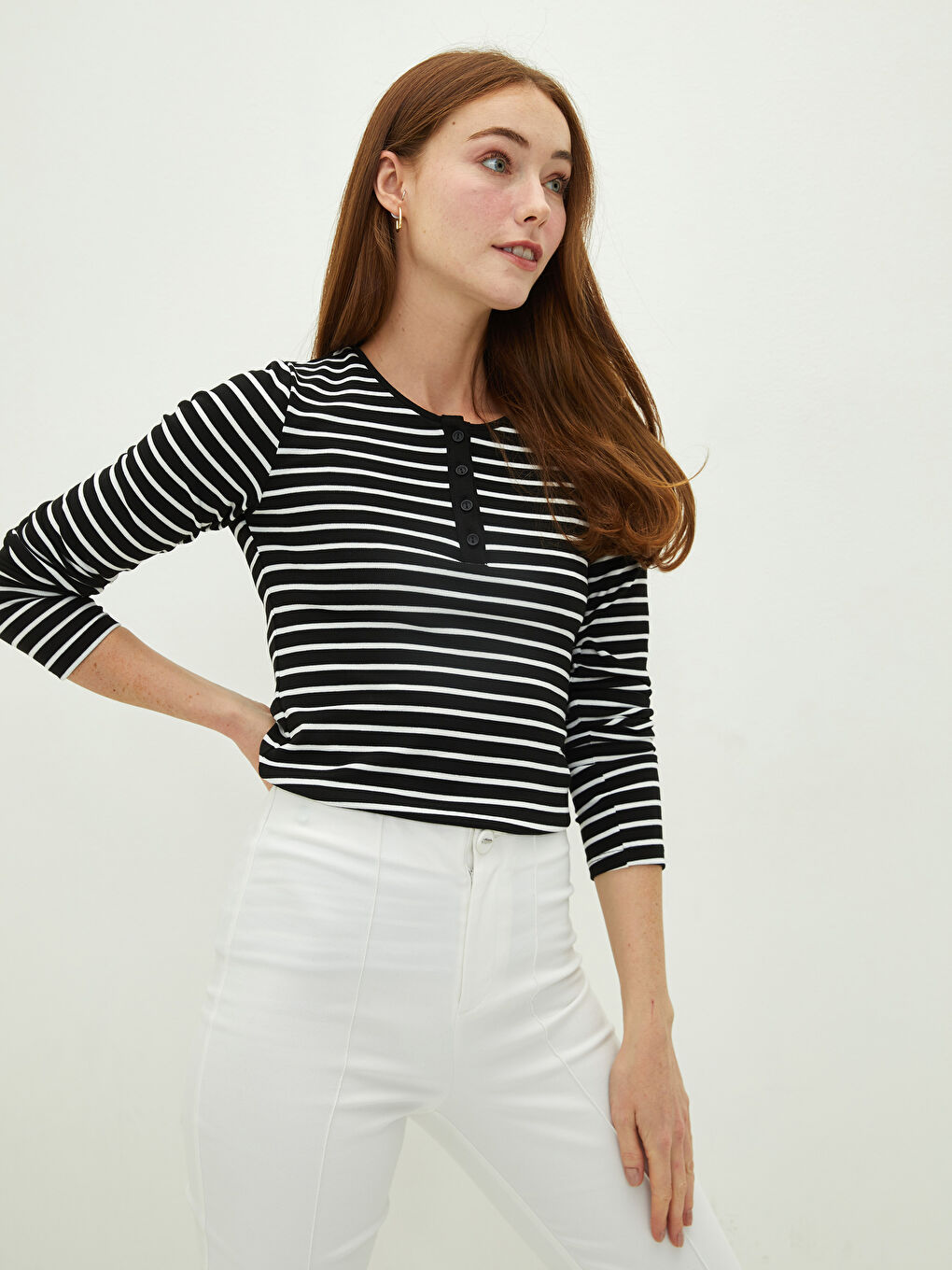 Crew Neck Striped Long Sleeve Women's T-Shirt-2