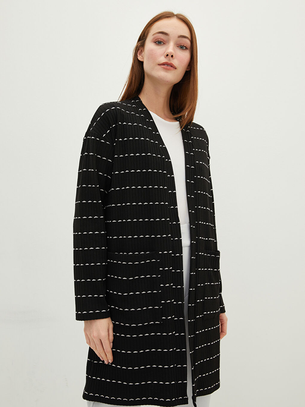 Siyah Şal Yaka Çizgili Uzun Kollu Kadın Hırka-1