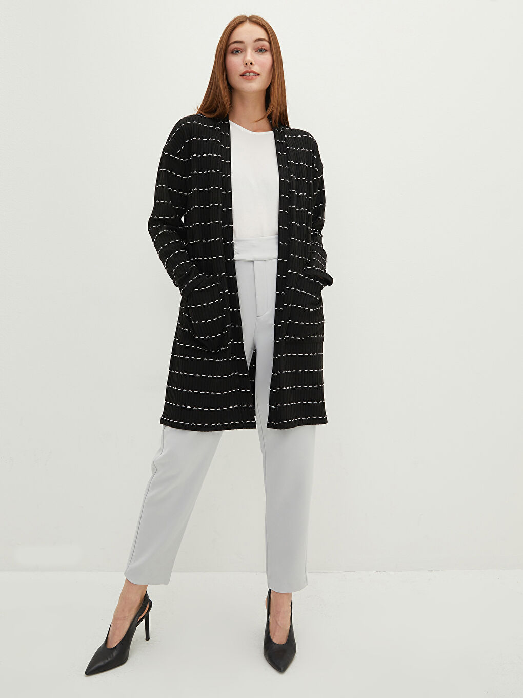 Siyah Şal Yaka Çizgili Uzun Kollu Kadın Hırka-2