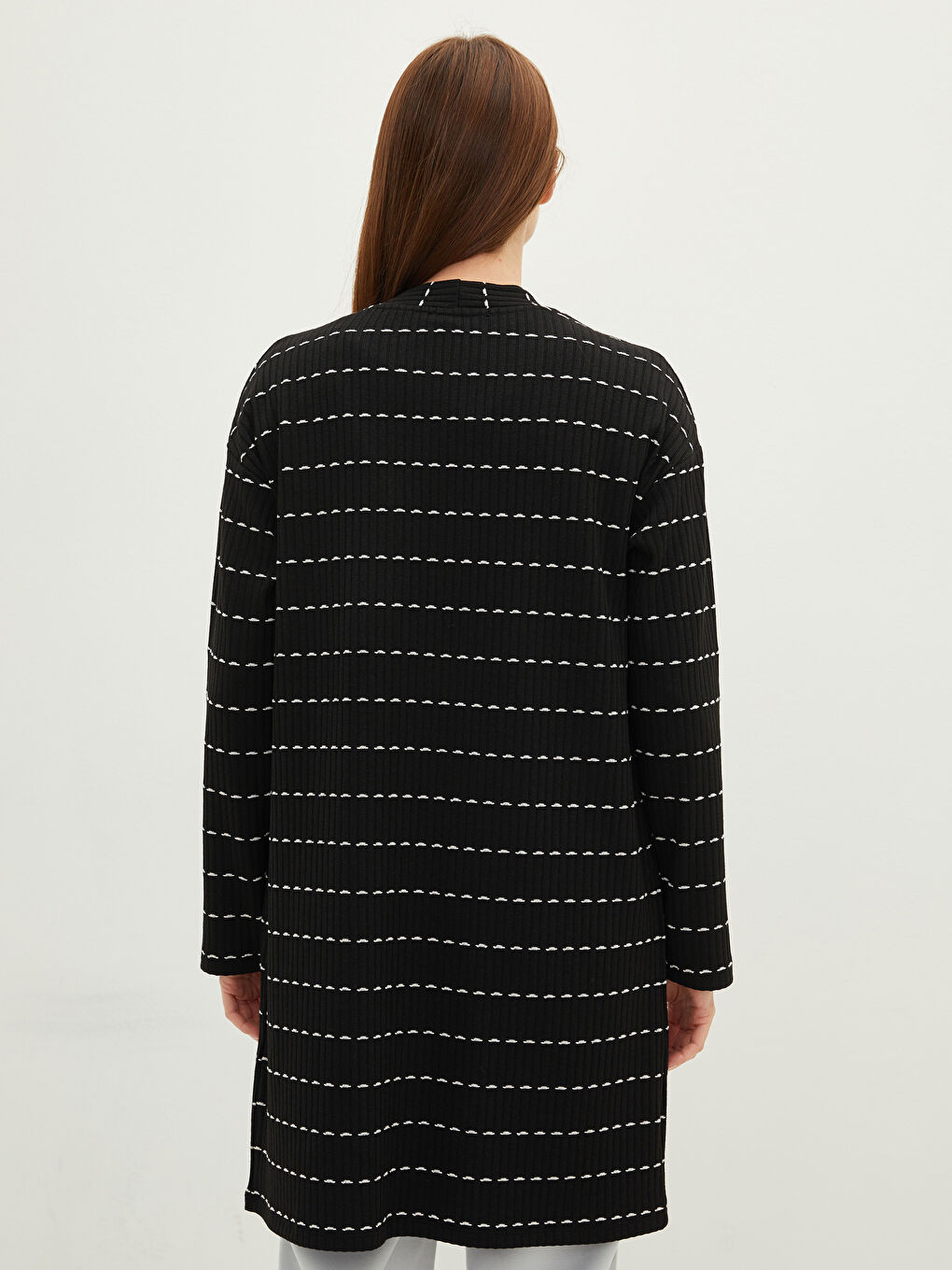 Siyah Şal Yaka Çizgili Uzun Kollu Kadın Hırka-4