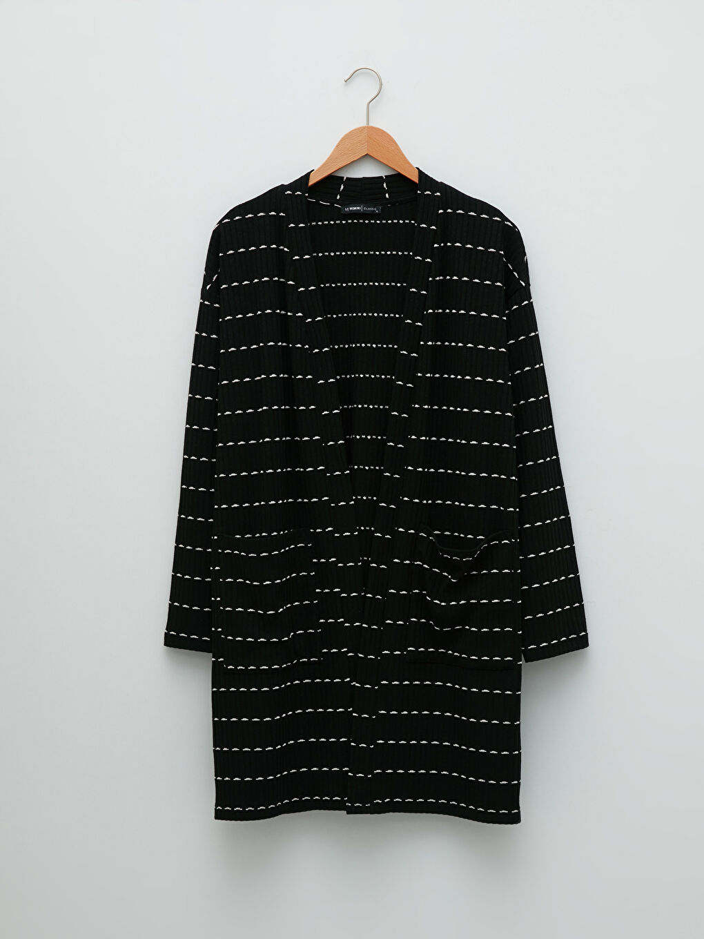 Siyah Şal Yaka Çizgili Uzun Kollu Kadın Hırka-5