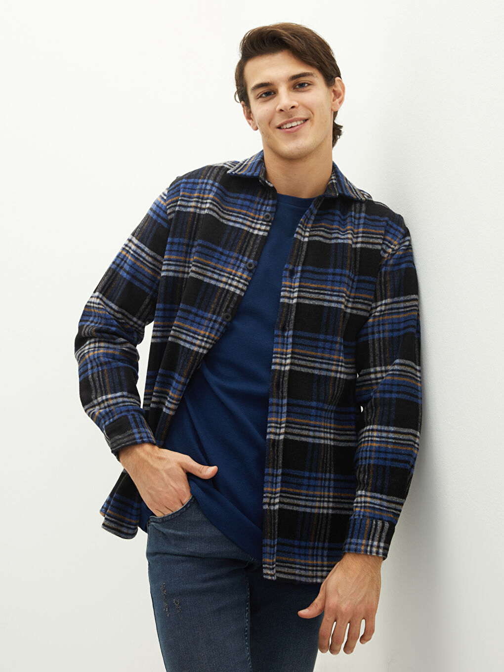 Relaxed Fit Long Sleeve Plaid Men's Flannel Shirt Jacket-1