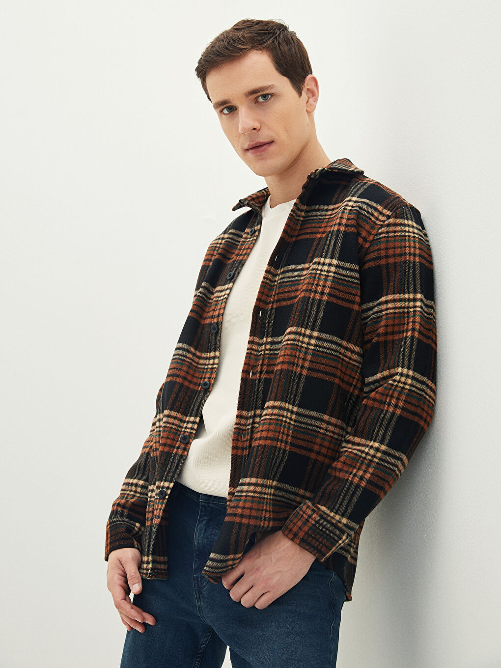 Relaxed Fit Long Sleeve Plaid Men's Flannel Shirt Jacket