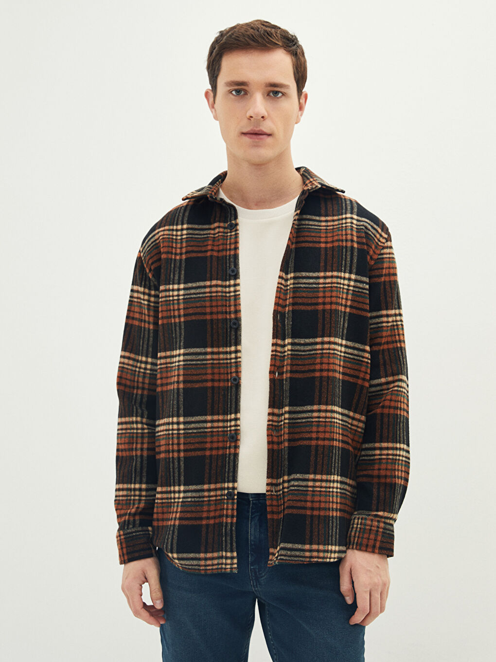 Relaxed Fit Long Sleeve Plaid Men's Flannel Shirt Jacket-1