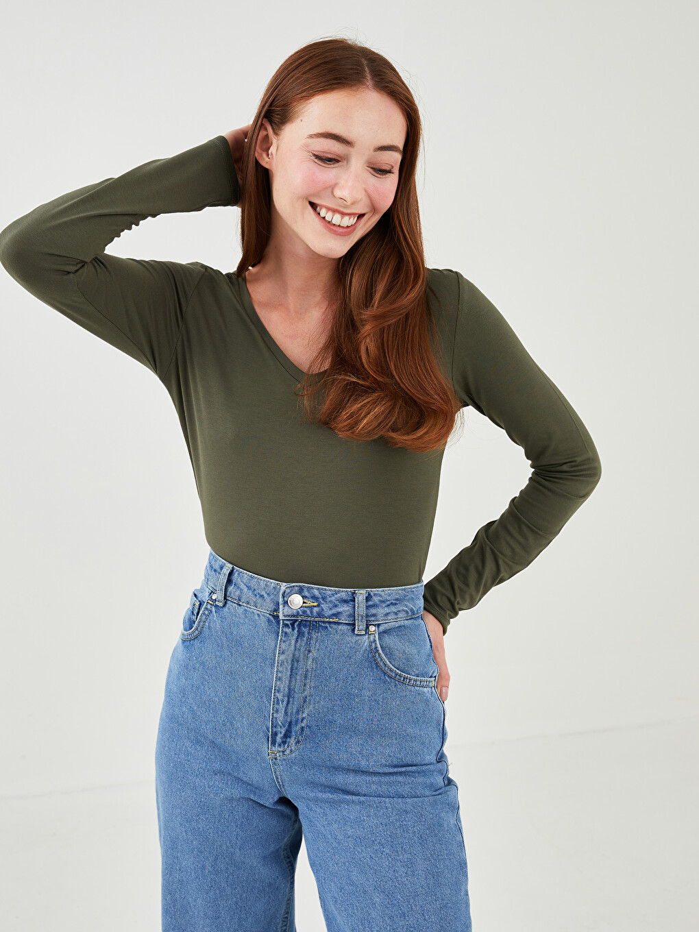 V-Neck Plain Long Sleeve Women's T-Shirt