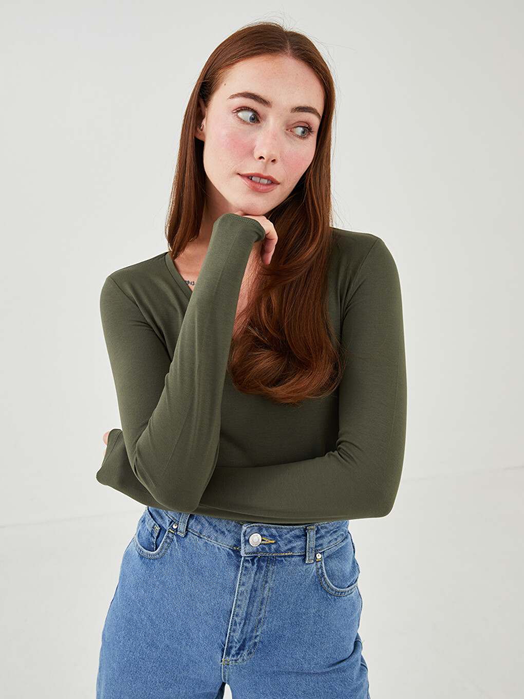 V-Neck Plain Long Sleeve Women's T-Shirt-1