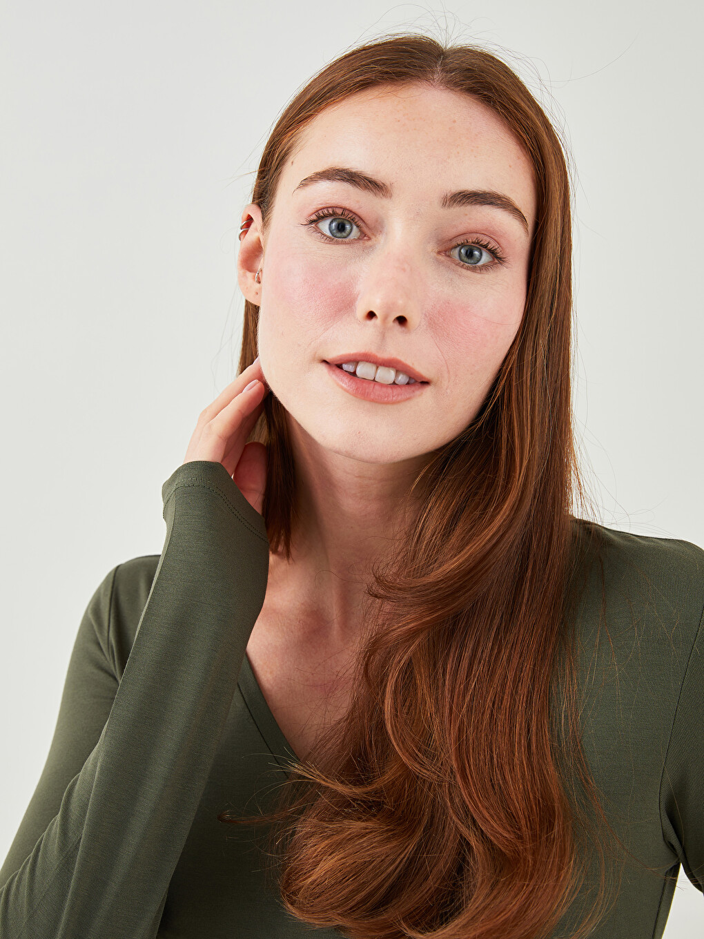 V-Neck Plain Long Sleeve Women's T-Shirt-2