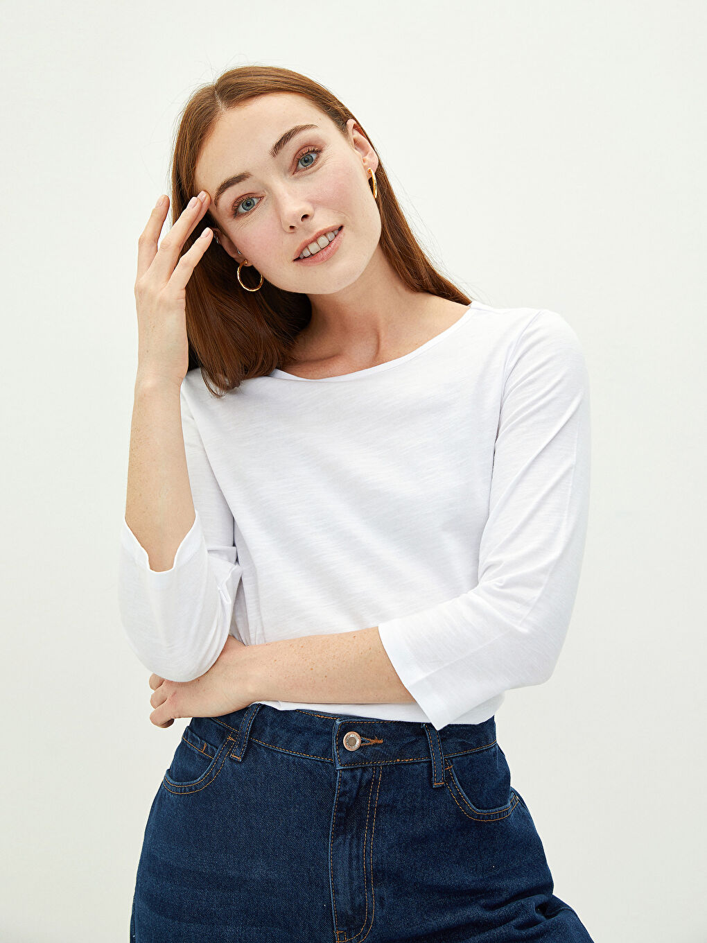 Ekru Bisiklet Yaka Düz Uzun Kollu Pamuklu Kadın Tişört