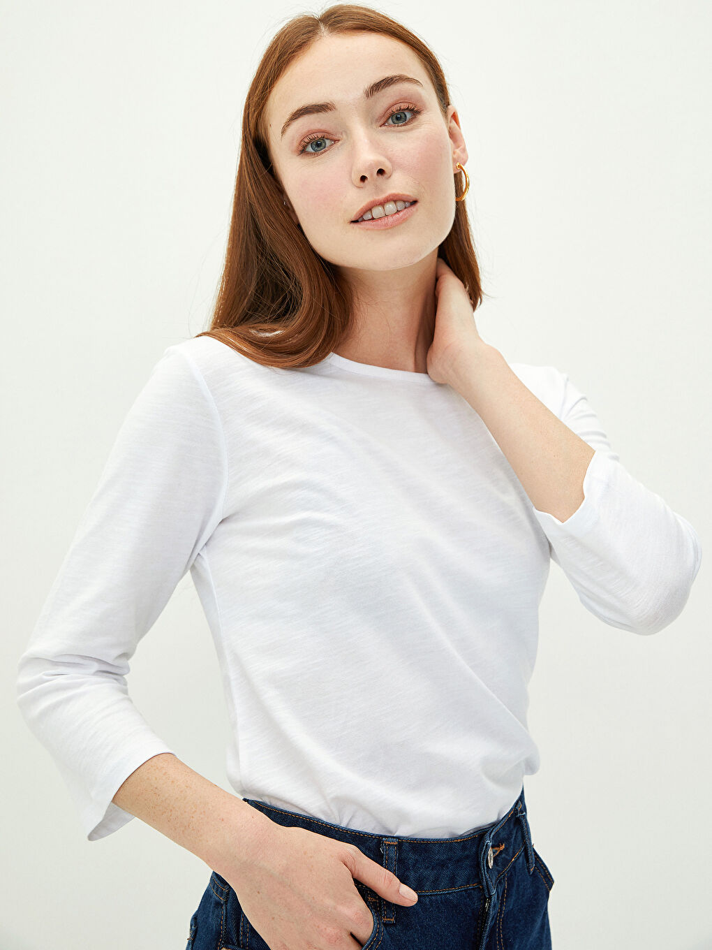 Ekru Bisiklet Yaka Düz Uzun Kollu Pamuklu Kadın Tişört-1