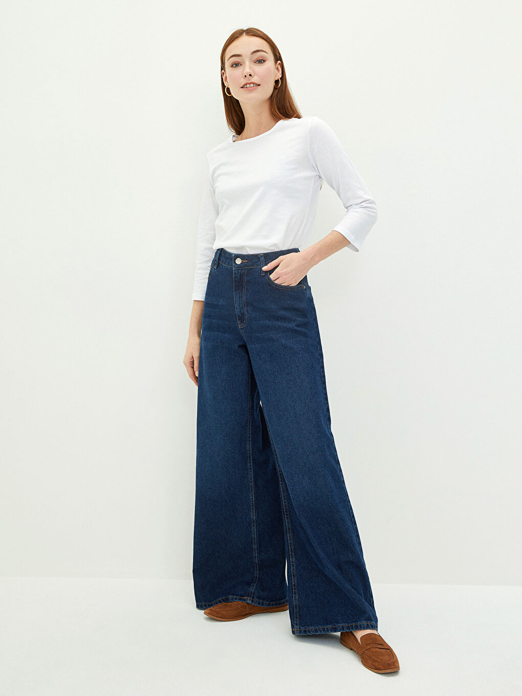 Ekru Bisiklet Yaka Düz Uzun Kollu Pamuklu Kadın Tişört-3