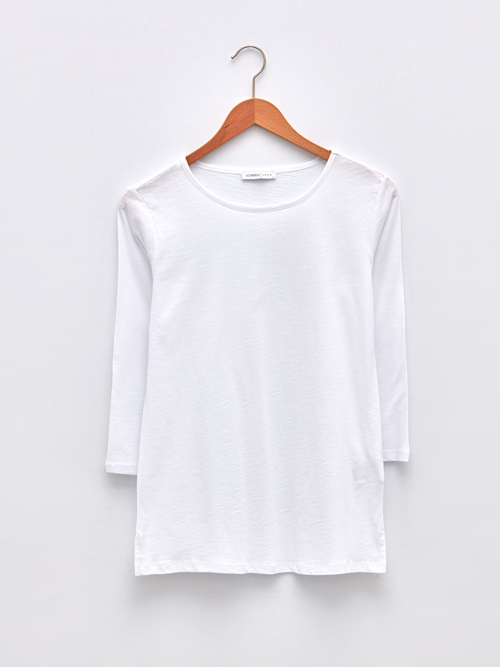 Ekru Bisiklet Yaka Düz Uzun Kollu Pamuklu Kadın Tişört-5