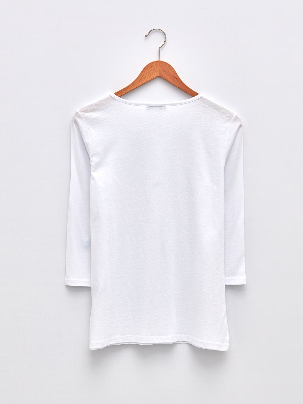 Ekru Bisiklet Yaka Düz Uzun Kollu Pamuklu Kadın Tişört-6