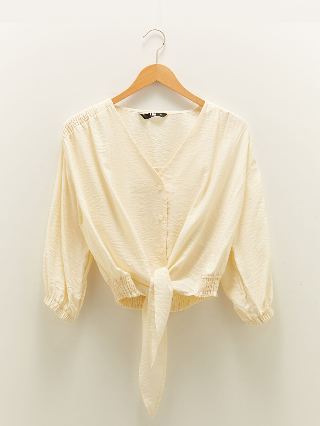 Bej V Yaka Düz Uzun Kollu Kadın Bluz-4