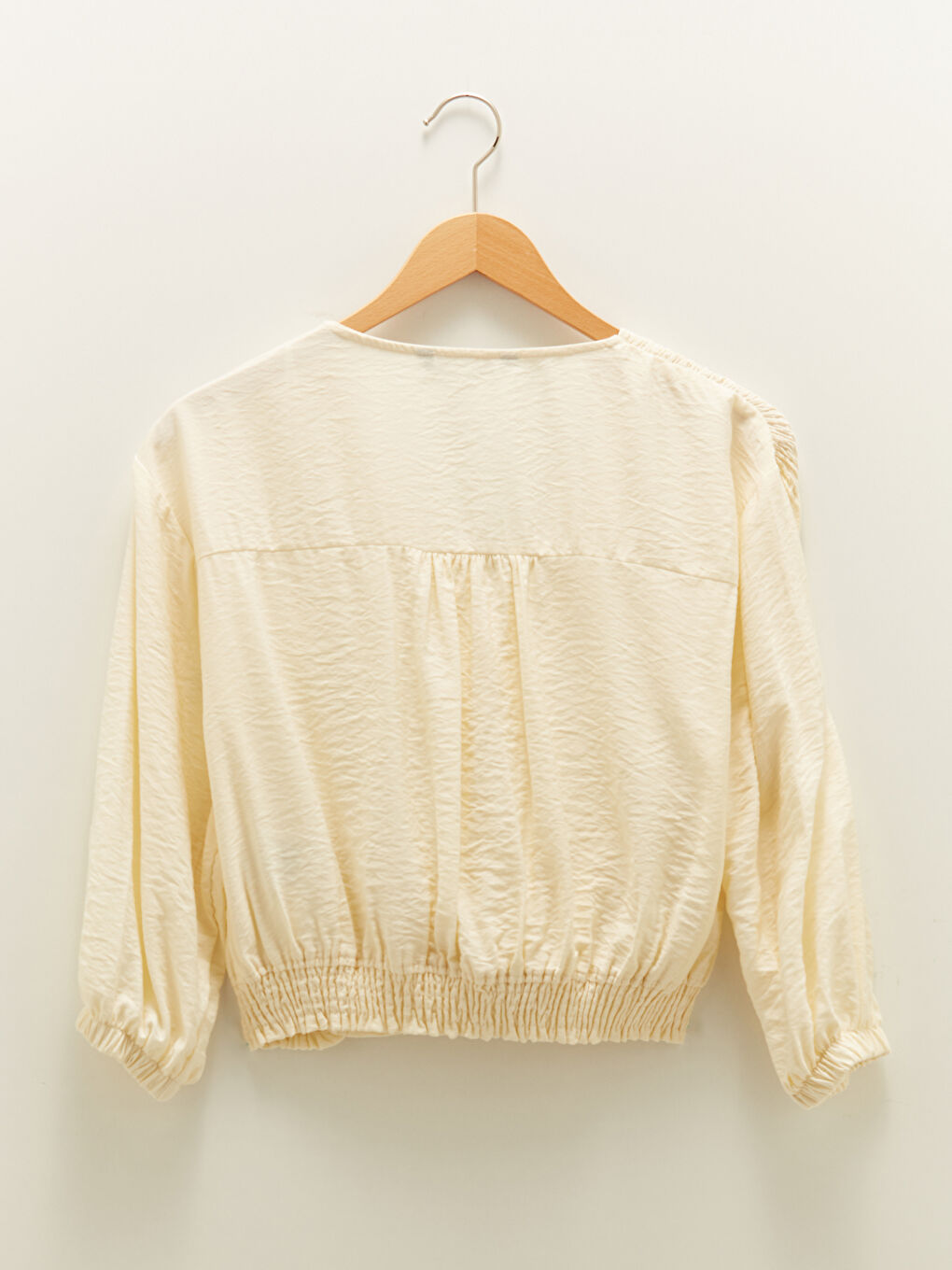 Bej V Yaka Düz Uzun Kollu Kadın Bluz-5