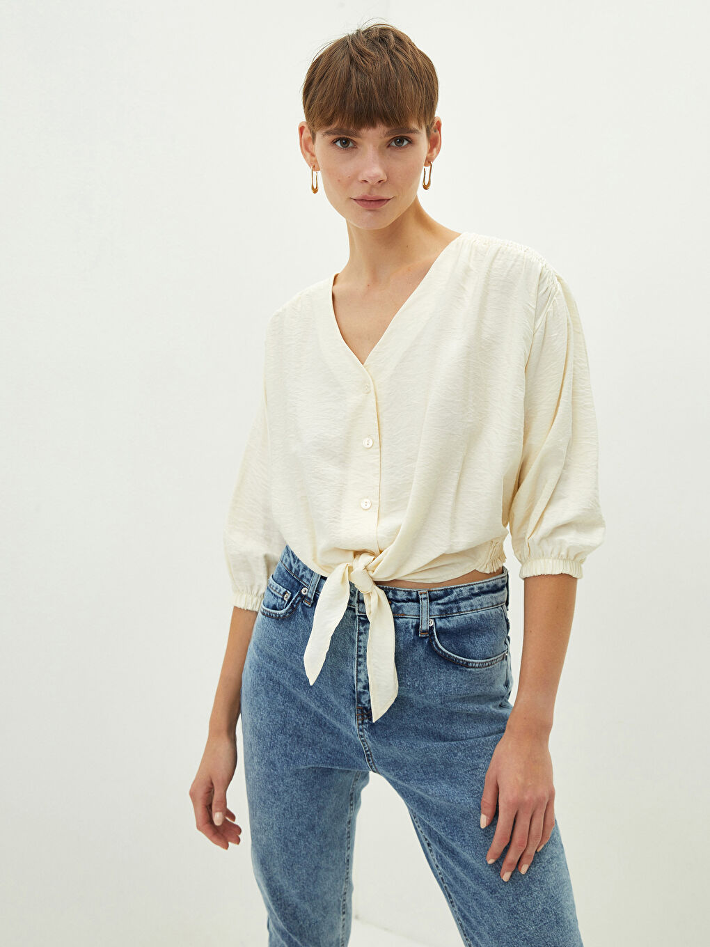 Bej V Yaka Düz Uzun Kollu Kadın Bluz