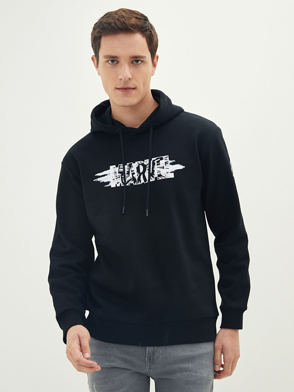 Siyah Uzun Kollu Marvel Baskılı Kalın Erkek Kalın Hoodie-1