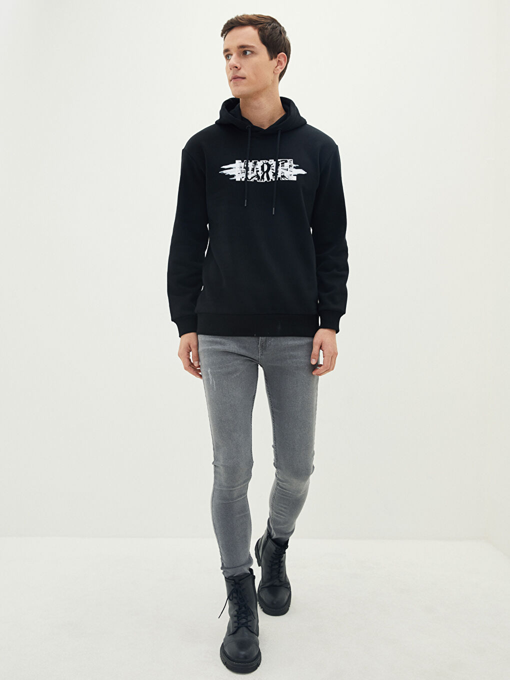 Siyah Uzun Kollu Marvel Baskılı Kalın Erkek Kalın Hoodie-3