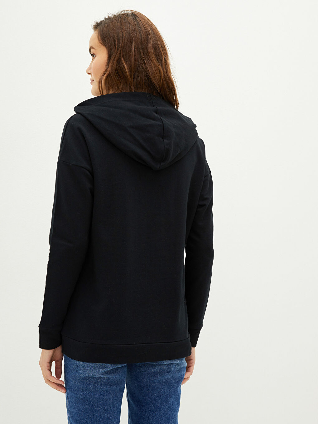 Женская толстовка с капюшоном однотонная с длинным рукавом-2