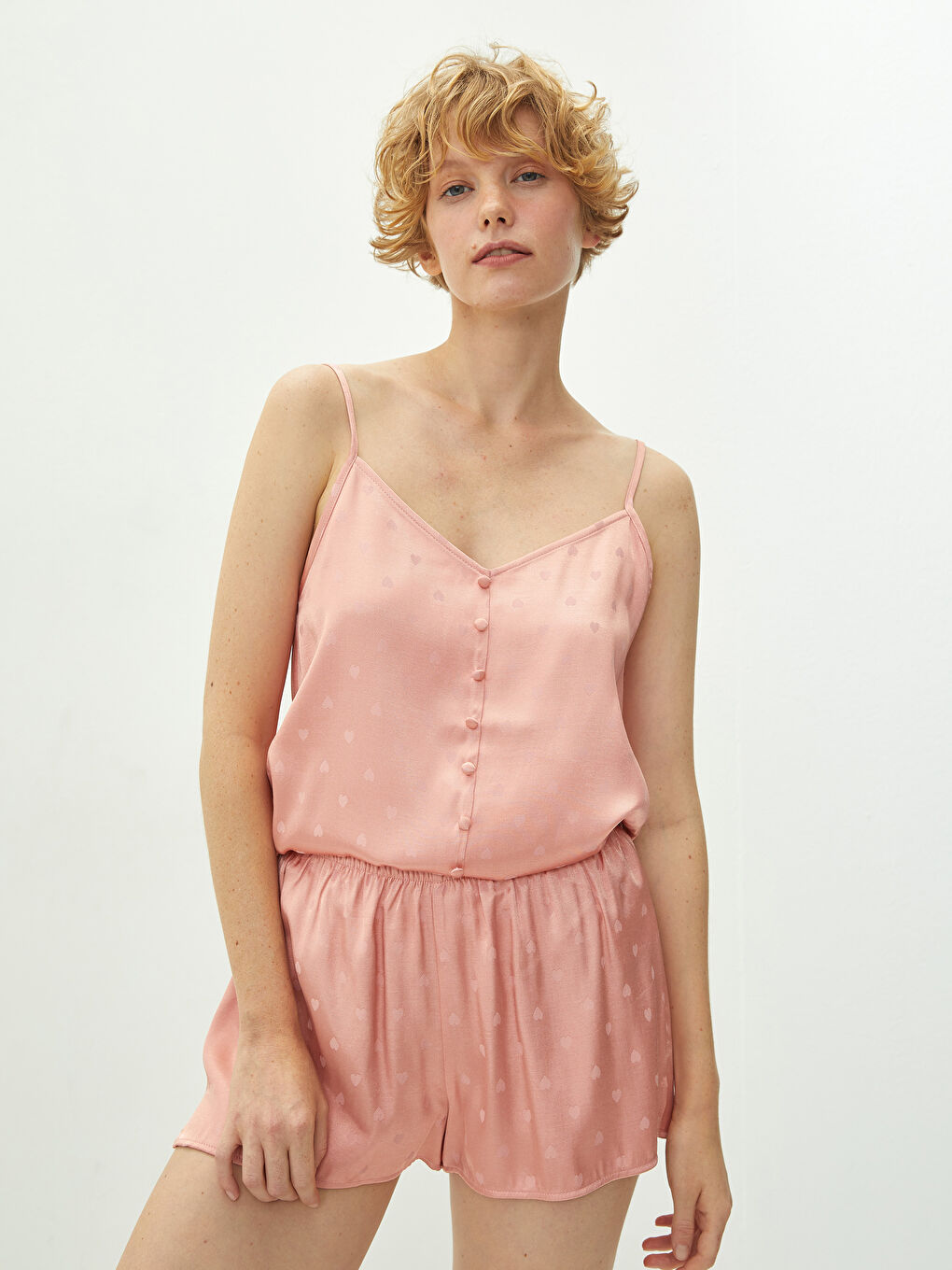 Pembe Beli Lastikli Kalp Desenli Saten Kumaş Kadın Pijama Alt-2