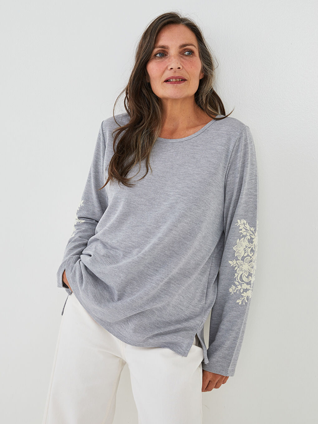 LCW Grace Crew Neck Printed Long Sleeve Women's Blouse -W1FS71Z8-CT3