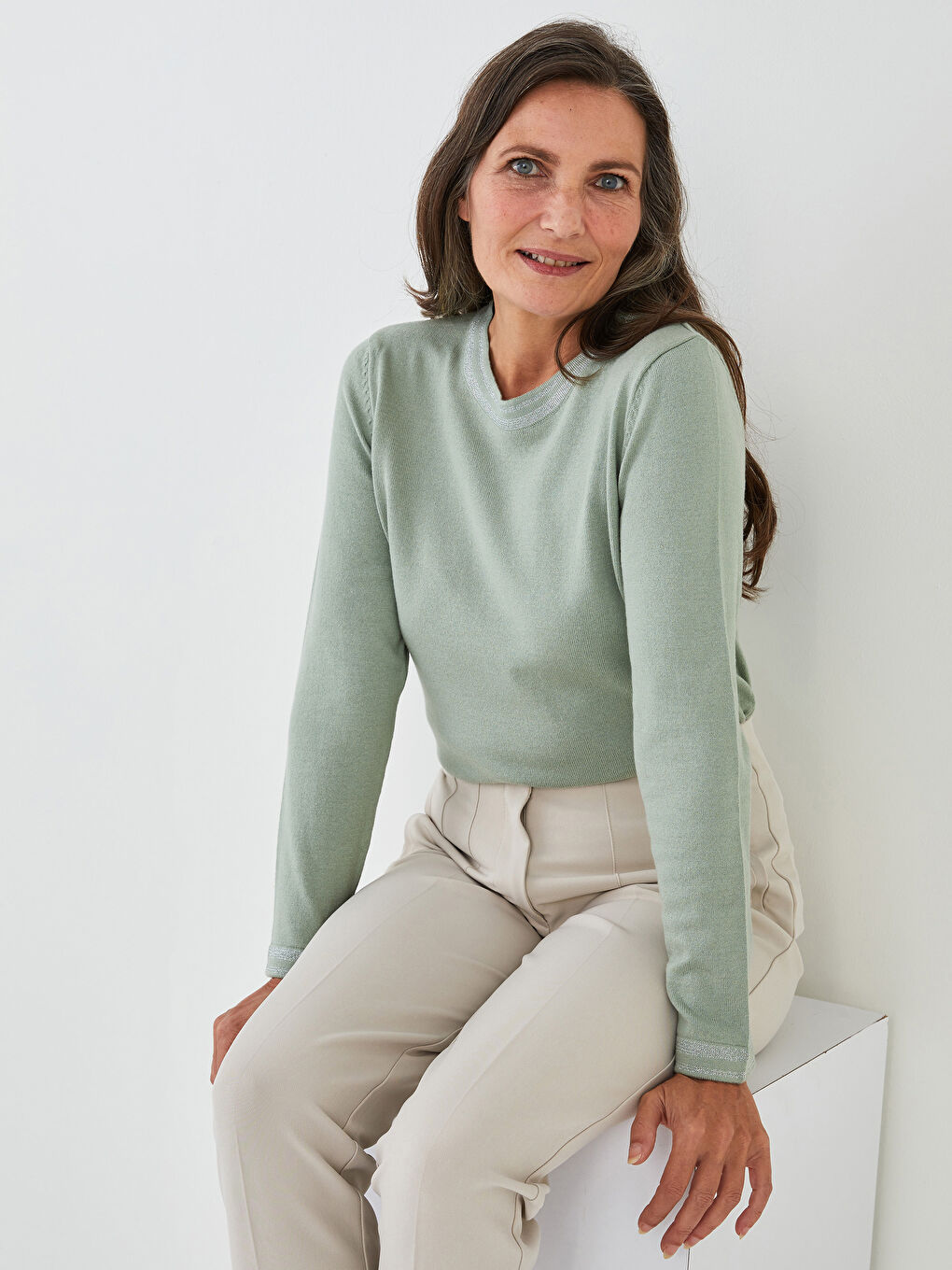 LCW Grace Crew Neck Stripe Detailed Long Sleeve Women's Tricot Sweater -W1FT03Z8-RYZ