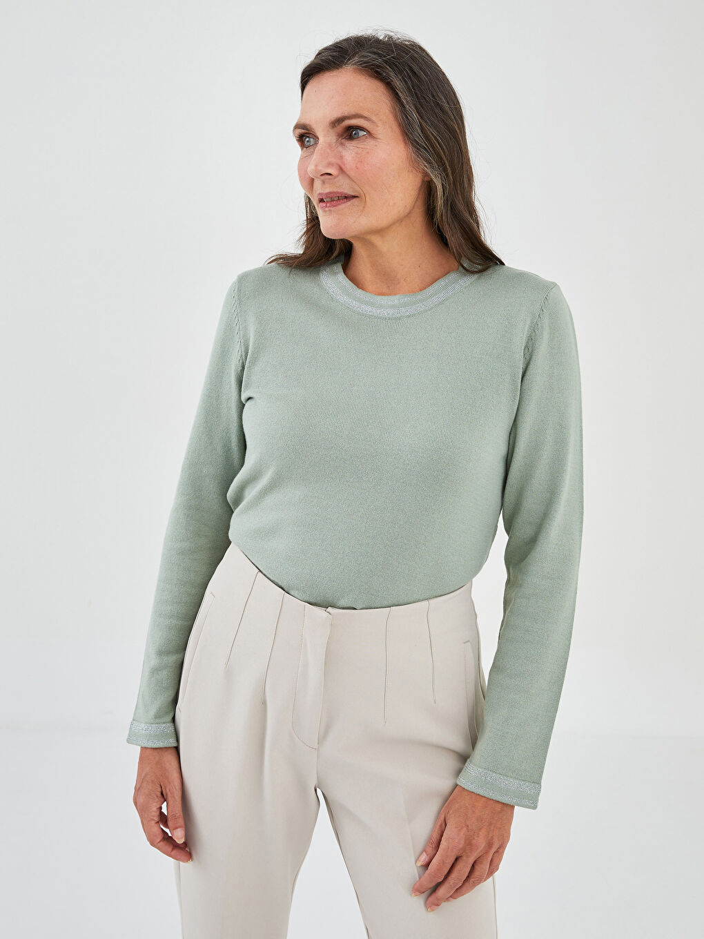 LCW Grace Crew Neck Stripe Detailed Long Sleeve Women's Tricot Sweater -W1FT03Z8-RYZ