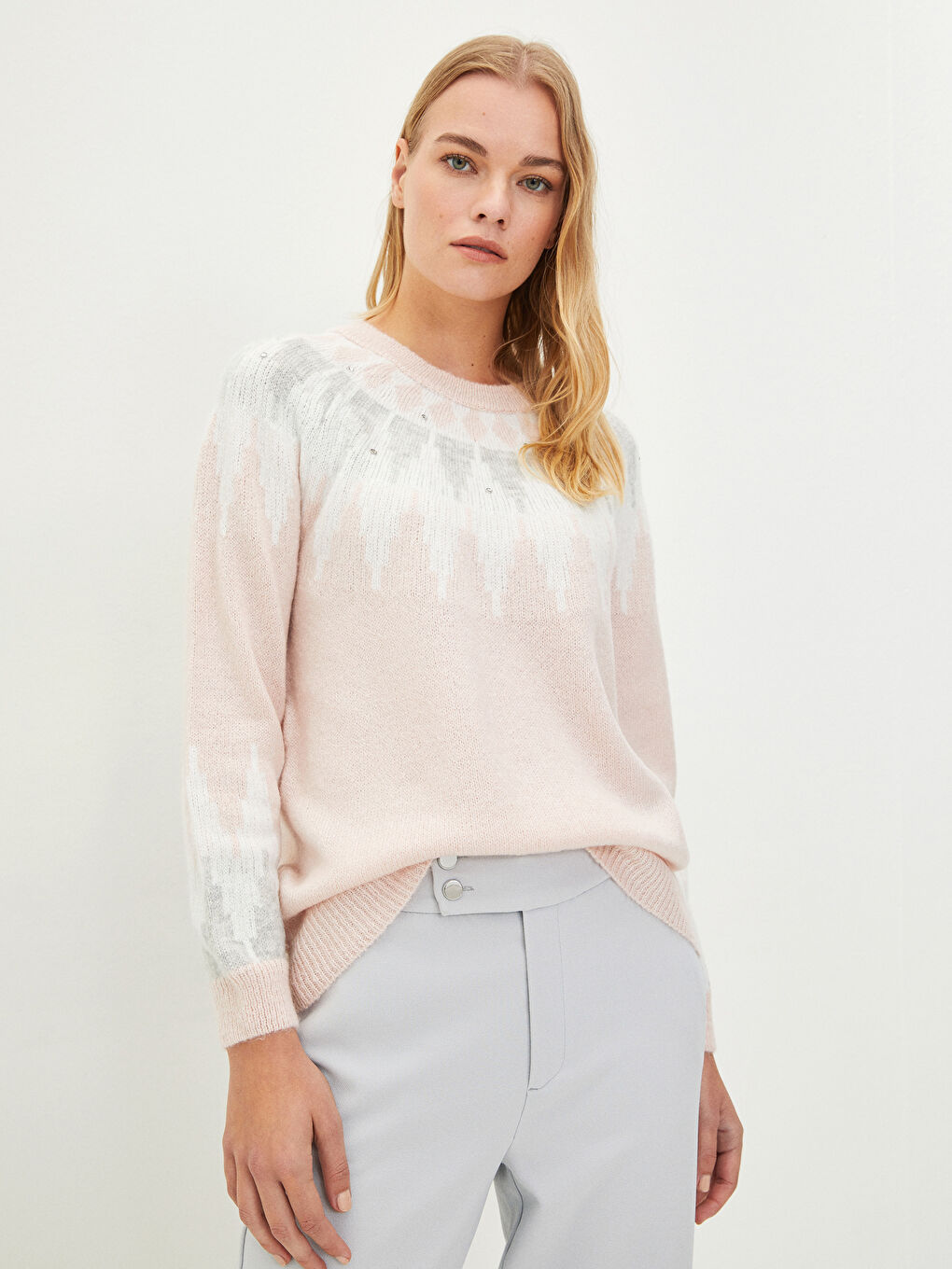 әйелдерге арналған дөңгелек жағалы өрнекті ұзын жең трикотаж жемпір-1