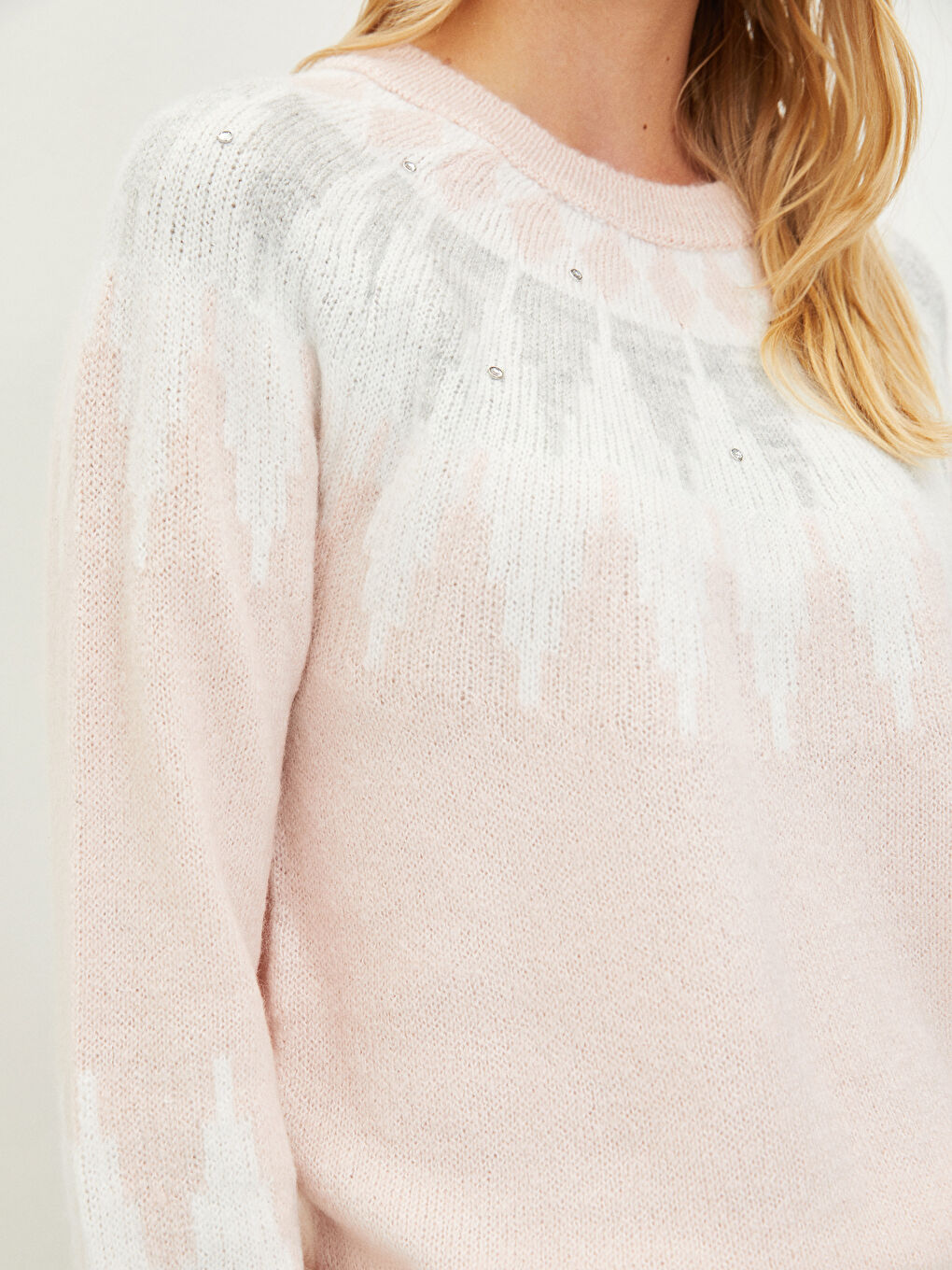 әйелдерге арналған дөңгелек жағалы өрнекті ұзын жең трикотаж жемпір-2